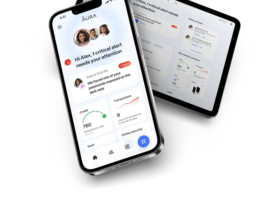 Aura app on phone and tablet. Text: Hi Alex, 1 critical alert needs your attention. [CRITICAL] We found one of your passwords exposed on the dark web. Credit. Transactions. Vault. Online security. 